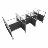 This modular cubicle wall system includes 9 fabric panels in Charcoal Gray with frosted windows. Overall height is 72 inches, overall width ranges from 48 to 72 inches. Suitable for creating partitioned workspaces in offices, control rooms, and industrial facilities