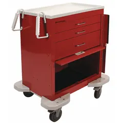 Steel medical supply cart with red cabinet and red drawers. Configured with two swivel casters and two swivel casters with brakes for mobility and secure positioning. Used in healthcare settings to organize and transport medical supplies, instruments, and medications.