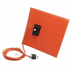 Fiberglass-reinforced silicone rubber heating blanket with adhesive backing for direct attachment to metal surfaces. Rated for continuous operation up to 218°C. Grounded and moisture-resistant design suitable for freeze protection, viscosity control, and temperature maintenance in industrial processes.