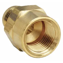 Brass 45-degree flare tube fitting elbow with push-to-connect/threaded ends. Connects 3/8 in OD tubing to 1/4 in pipe threads. Suitable for pneumatic, hydraulic, and lubrication systems requiring a compact angled joint. Meets SAE J2494 standards. Supplied in a 10-pack.