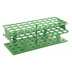This test tube rack is made of green polyoxymethylene (POM) for chemical resistance. It holds up to 40 tubes and is designed for benchtop use in laboratories for sample storage and processing.