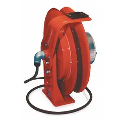 Spring-return arc welding cable reel with single-reel configuration. Rated for 400 A maximum current, accommodates cable gauges from 1 AWG to 2/0 AWG, with a cable length capacity of 50 ft for 2/0 AWG cable. Used to manage and extend welding cables in fabrication and repair environments.