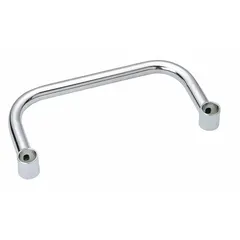 Steel push handle with chrome finish, measuring 14 inches by 7 inches by 1.5 inches. Designed for use with Super Erecta wire shelving systems to facilitate moving or repositioning loaded shelving units in commercial kitchens, warehouses, and industrial storage areas.
