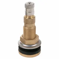 This HALTEC tire valve stem is a clamp-in, L-shaped brass unit with a 180° valve stem angle and 0.305-32 thread size. Designed for use on tractors, it allows air or liquid filling in agricultural tires. The metal construction ensures secure installation