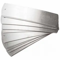 Aluminum mounting plate for attaching identification labels to utility poles. Silver finish with a thickness of 0.02 in. Overall dimensions: 1 3/4 in height by 7 1/4 in length. Fasteners included for installation. Used in utility infrastructure and industrial facilities for clear labeling of poles and structures.