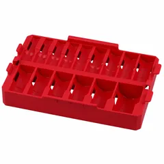 This red plastic tray is designed to organize sockets within the MILWAUKEE PACKOUT modular tool storage system. It measures 8 1/16 inches wide, 12 inches deep, and 1 7/16 inches high, allowing integration with other PACKOUT components for stackable, portable organization on job sites or in workshops.