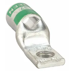 Standard-type copper compression lug for terminating 1 AWG stranded copper wire. Features a single hole for 1/4 in stud mounting. Used in electrical power connections such as panel boards, switchgear, and distribution equipment.