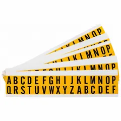 Black Gothic characters on yellow background for indoor/outdoor identification. Includes A to Z, 25-pack, non-reflective. Used for labeling equipment, pipes, panels, and safety signs in industrial facilities.