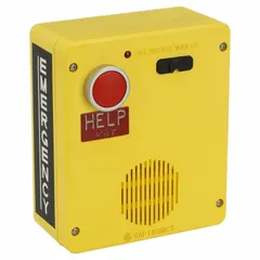 This surface-mount emergency call box is constructed of yellow plastic and includes an emergency push button. It features auto-answer functionality and is weather resistant, suitable for outdoor or harsh environments where reliable two-way communication is required.