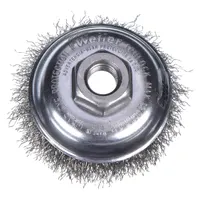 Cup brush with crimped stainless steel wire bristles for light cleaning of stainless steel surfaces. Removes contamination, light rust, and oxidation without compromising corrosion resistance. Suitable for weld cleaning, deburring, and surface preparation. Features a 5/8"-11 arbor hole for use on angle grinders