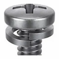 This #4-40 thread size, 1-inch-long machine screw features an integrated split lock washer for vibration resistance. Made of stainless steel with a passivated finish and pan head, it uses a #1 drive size. Supplied in a 10-pack, it is suited for general assembly applications where a pre-assembled fastener is required
