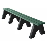 This outdoor bench features a vandal-resistant resinwood plank surface in green with a black frame. It measures 96 inches in overall length and 18 inches in overall height. Suitable for public parks, sports facilities, and commercial outdoor spaces requiring durable, low-maintenance seating