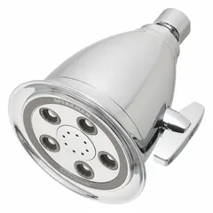 Fixed showerhead with multi-pattern spray selection. Constructed from brass and plastic. Flow rate is 2 gpm. Suitable for use in hospitality and commercial facilities where consistent water delivery is required.