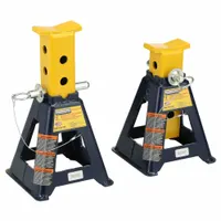 This medium-duty jack stand from HEIN-WERNER has a 7-ton load capacity and extends to a maximum height of 15 3/4 inches. It features a square steel base and a rectangular saddle, with a ratchet handle for height adjustment. Suitable for supporting vehicles during maintenance or repair in workshops and garages