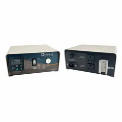 This automatic temperature controller from GLAS-COL operates at 120V AC and includes a grid support bracket for secure mounting. It is used to regulate heating mantles in laboratory applications such as chemical synthesis, distillation, and sample preparation, providing consistent temperature control.