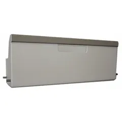 Polymer tilt bin in light taupe, designed for use with METRO SXROH antimicrobial plastic wall-mount cabinets. Measures 16 in x 3 1/2 in with an overall height of 7 1/2 in. Provides organized storage for small parts or supplies, tilting forward for easy access.