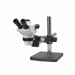 Trinocular stereo microscope with a 0.8X to 5X zoom range and 22 mm optical field of view. Features a Single Arm Boom stand with a 10 in x 10 in base plate, providing a 114 mm working distance and 50X maximum magnification. Suitable for inspection, assembly, and quality control tasks requiring detailed observation of small components.