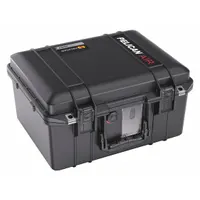 This lightweight suitcase-style protective case from PELICAN has interior dimensions of 11 3/8 in x 15 1/8 in x 8 1/2 in. It features press and pull latches for secure closure and is stationary with no wheels. The case is black and ships without foam, allowing custom fitting for sensitive equipment, tools, or instruments in industrial, field-service, or logistics applications
