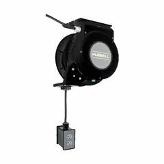 Motorized self-retracting cord reel with ratchet lock mechanism for controlled extension and retraction. Includes 45 ft of 12 AWG SJO cable with NEMA 5-20P feeder plug and NEMA 5-20R retractable receptacle. Suitable for managing extension cords in workshops, warehouses, and maintenance areas.