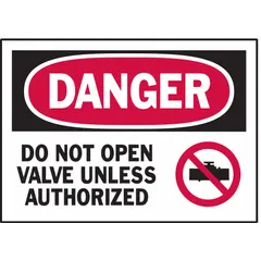 Polyester adhesive signs, 3 1/2 in x 5 in nominal size, 0.01 in thick. Non-retroreflective, not glow-in-the-dark. Suitable for marking electrical panels, machinery, or secured areas to restrict unauthorized access.