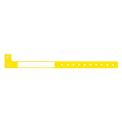 Yellow plastic security wristband with no pre-printed legend, providing a blank surface for custom labeling or barcodes. Each wristband measures 10 inches in length and 1 1/4 inches in width. Supplied in a pack of 500. Commonly used for temporary identification and access control at events, in healthcare settings, and industrial facilities.