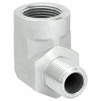 This rigid 90° elbow adapter connects male 1/2 in NPTF to female 3/4 in NPTF threads. Made of steel, it is used in hydraulic systems to change direction and adapt thread sizes. Typical applications include fluid power and industrial machinery