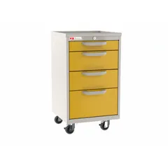 Steel cart with taupe cabinet and four yellow drawers. Equipped with two swivel casters with brake for mobility and stability. Used in medical settings to organize and transport supplies.