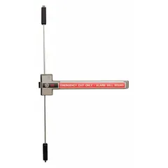 Aluminum rim push bar exit device for commercial and industrial egress applications. Fits doors up to 34 inches wide. ADA compliant for accessible emergency exit in facilities such as warehouses, factories, and office buildings.