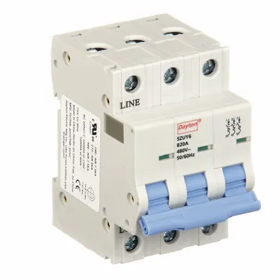 Dayton Supplementary Protector: 20 A Amps, 7.5kA at 480V AC, Screw Clamp, NDB2-63 - B-Curve, 3-Pole UL1077 DIN Rail-Mount Supplementary Protectors