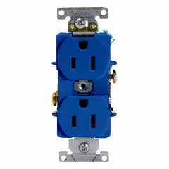 General-purpose duplex receptacle with NEMA 5-15 configuration, rated 125V AC, 15 A, 2 Pole / 3 Wire. Blue housing for color-coded identification in facilities such as labs or hospitals. Suitable for standard power distribution in residential, commercial, and industrial environments.