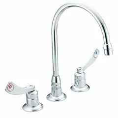 This MOEN M-Dura widespread kitchen faucet is constructed of brass and designed for deck mounting with three holes. It delivers a flow rate of 2.2 gpm and is suitable for bar or kitchen areas where a gooseneck spout provides clearance for filling and cleaning tasks.