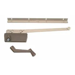 This left-hand surface-mount window operator is designed for casement windows and includes a crank handle. It features a bronze-coated brown finish and a 3-inch base length. Suitable for residential or light-commercial window repair or replacement.