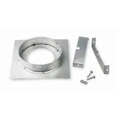 Galvanized steel firestop support plate for 5-inch ducts passing through ceilings and floors. Base height 1 3/8 in, base width 9 1/2 in, 26 ga thickness. UL listed for Category I gas appliances.