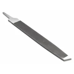 This tapered single-cut rectangular file has a smooth cut and measures 8 inches in length without tang, 13/16 inches in width, and 5/32 inches in thickness. It features four cut edges and is suited for precision filing, deburring, and finishing flat surfaces in tool and die work, machine shop maintenance, and general fabrication.