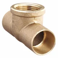 Low-lead cast copper and bronze tee with cup x cup x FNPT connections. Designed for sweat (solder) installation with 1-1/4 in CTS copper tube on the straight run and 1/2 in pipe on the branch. Used in plumbing and mechanical systems for branch-line takeoffs