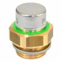 Metric pressure-relief breather vent with green ring design, M18 thread, and brass body. Overall height 33 mm. Used to relieve pressure buildup in industrial equipment enclosures, gearboxes, or hydraulic tanks