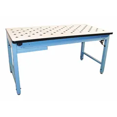 Laminate ball transfer workbench with a 60 x 30 inch work surface and 800 lb overall load capacity. Blue frame. Adjustable height for ergonomic positioning. Suitable for assembly, packaging, and material handling tasks where ball transfer surfaces facilitate movement of heavy parts and tools.