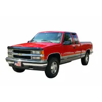 Front-mounted acrylic hood protector in black with a smooth finish. Measures 4 3/4 inches wide and 0.1 inches thick. Designed to shield the hood from stone chips, bugs, and road debris. Compatible with 1995 to 1999 Chevy Suburban 1500