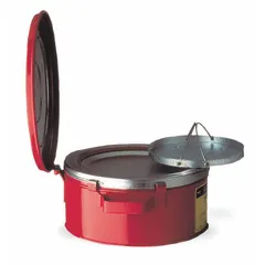 Powder coated steel bench can with 1/2 gallon capacity, finished in red. Designed for bench-top dispensing of flammable liquids in industrial and laboratory settings.