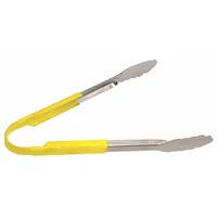 These 12-inch tongs feature a stainless steel blade with a scalloped design for secure gripping. The uncoated handle ensures easy cleaning. Yellow color. NSF Certified for food-service sanitation standards