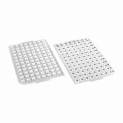 White silicone sealing mat for 96-well plates with 5.5 mm well openings. Provides a leak-proof seal to prevent evaporation and contamination in laboratory assays. Not pre-slit.