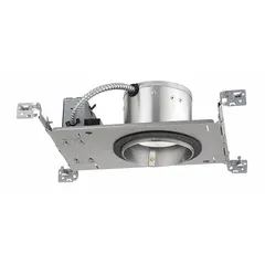 This new construction recessed LED downlight housing is designed for flat ceilings. It delivers 600 lumens at 3500K color temperature, consumes 8.6 watts, and operates on 120V AC. The unit is dimmable and features airtight construction. Trim color and style are available separately; no reflector or baffle is included.