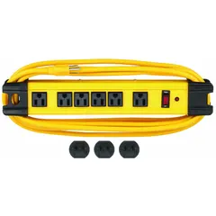 Industrial surge protector with 6 outlets, 15 ft cord, 1050 J rated energy, and 15 A current. Yellow housing with keyhole mounting for secure attachment. Suitable for power distribution and surge protection in workshops, factories, and other industrial environments.