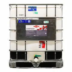 This DOWFROST heat transfer fluid is a 96% concentration food-grade propylene glycol solution, colored blue for leak detection. Supplied in a 265-gallon tote, it is used in closed-loop heating and cooling systems where incidental food contact may occur, such as in food processing and beverage dispensing.