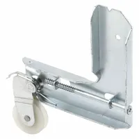 This corner and roller assembly is designed for screen doors, providing smooth sliding operation and structural support at the bottom corner. It measures 9 7/16 inches in both overall height and length, with a gray, unfinished finish. Suitable for replacement or repair of residential and light-commercial screen doors