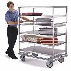 Stainless steel banquet cart with 6 shelves, each 46 in long and 30 3/4 in wide. Shelves have raised edges on back and sides to secure platters during transport. Includes a handle. NSF certified. Used in commercial food service for moving and serving multiple trays or dishes.
