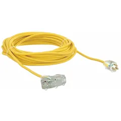 This 50 ft outdoor extension cord features three grounded outlets and a 5-15P NEMA plug. The 14/3 SJTW jacket is rated for temperatures from -40° to 221°F, making it suitable for powering tools, lights, or equipment in outdoor environments such as construction sites, landscaping, or event setups.