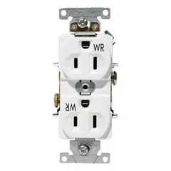 General-purpose duplex receptacle rated 125V AC, 15A, with NEMA 5-15 configuration and 2-pole/3-wire grounding. White thermoplastic face. Suitable for standard wall box installations in residential, commercial, and light industrial environments for powering 125V AC devices.
