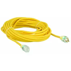 This outdoor extension cord features a single outlet with NEMA 5-15P plug, 10/3 SJTOW construction, and a 50 ft length. Rated for 125V AC and temperatures from -58° to 194°F, it is suitable for powering tools and equipment in demanding outdoor environments such as construction sites and industrial yards.