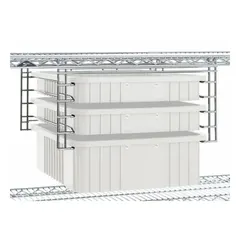 Steel hanging bin bracket with chrome finish in silver. Designed to attach bins or containers to compatible wire shelving systems for organizing parts and supplies.